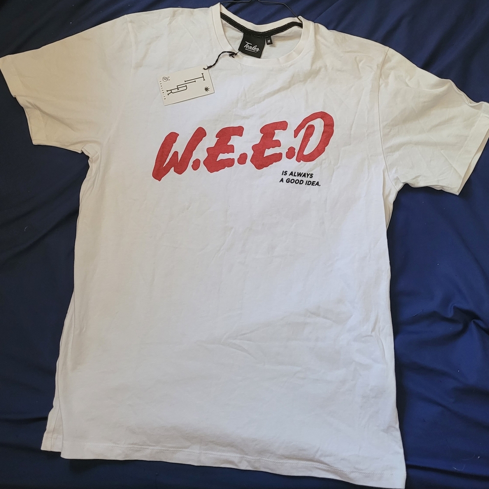 White and Red Short Sleeve Tee with Graphic Design